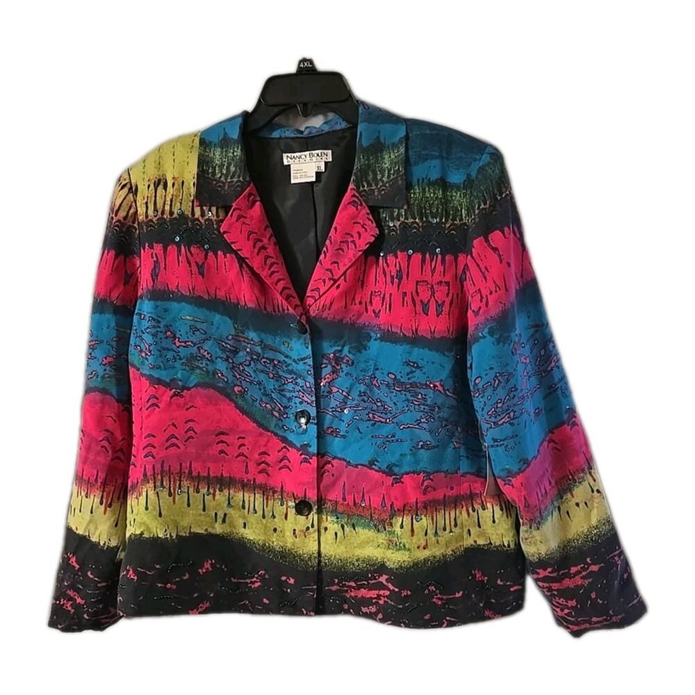 NWT VTG Nancy Bolen Multicolor Silk Sequin Colorful Blazer Jacket Womans Size XL